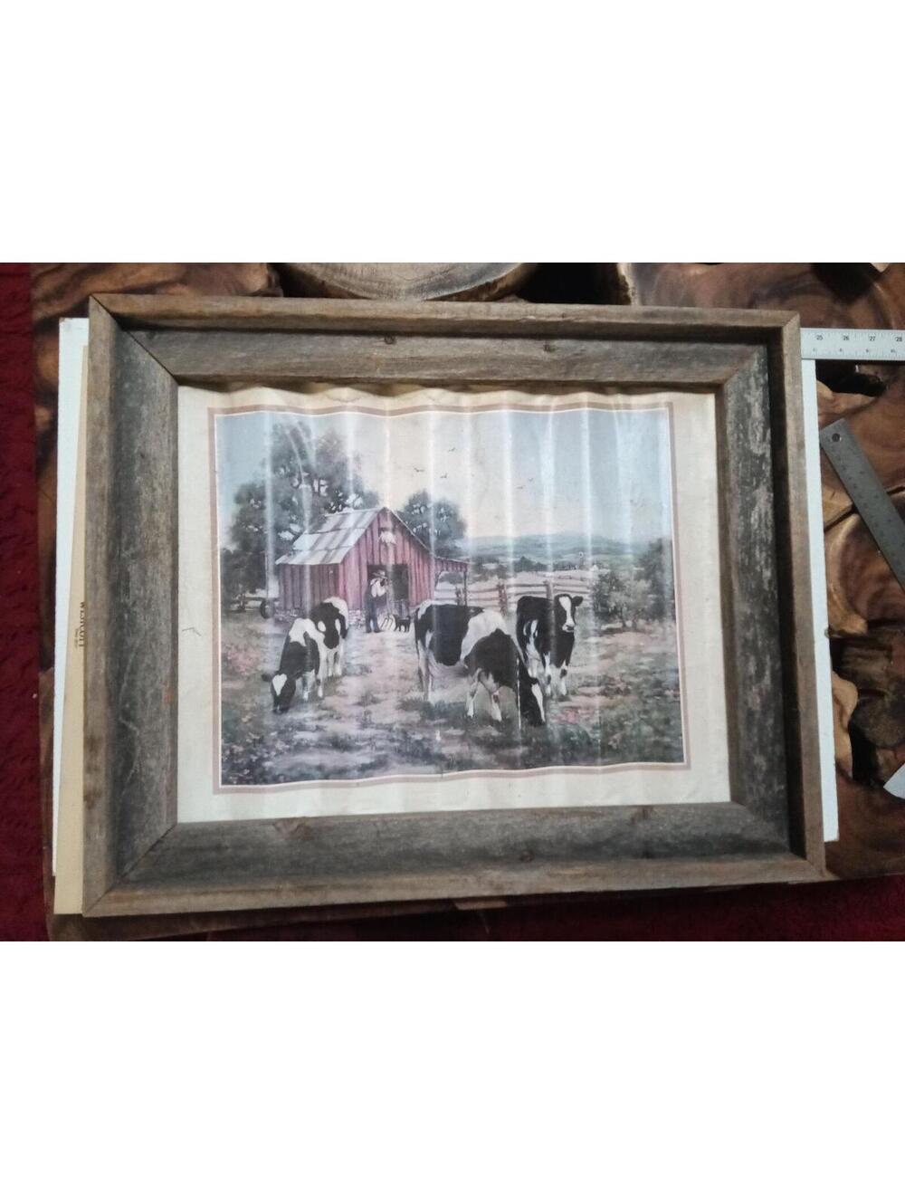Rustic Farmhouse Wall Art with Cow Print in Wooden Frame 22.5X18.5